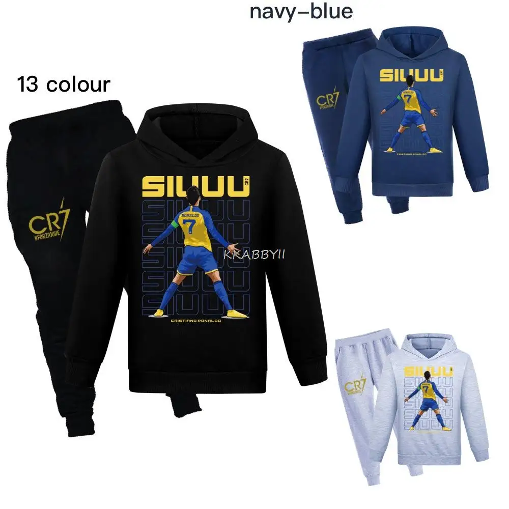 CR7 Hoodie Tops+Pants Set Girl Boys 2-16Y Children Cartoon Anime Weatshirt Suit Spring Fall Kids Tracksuits