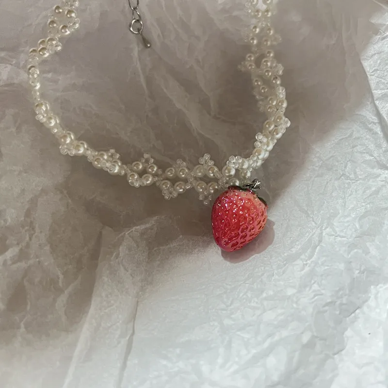 Handmade love necklace, sweet romantic pearl strawberry pendant necklace lovely necklace cute necklace necklace for women y2k