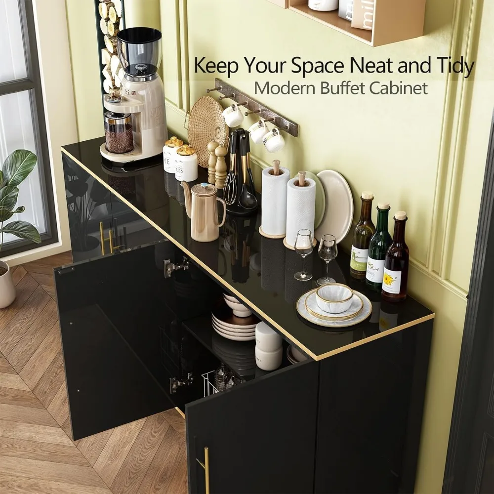 Armário buffet de 63" com armazenamento, armário de bar de café de alto brilho com prateleiras e portas ajustáveis, console de armazenamento moderno