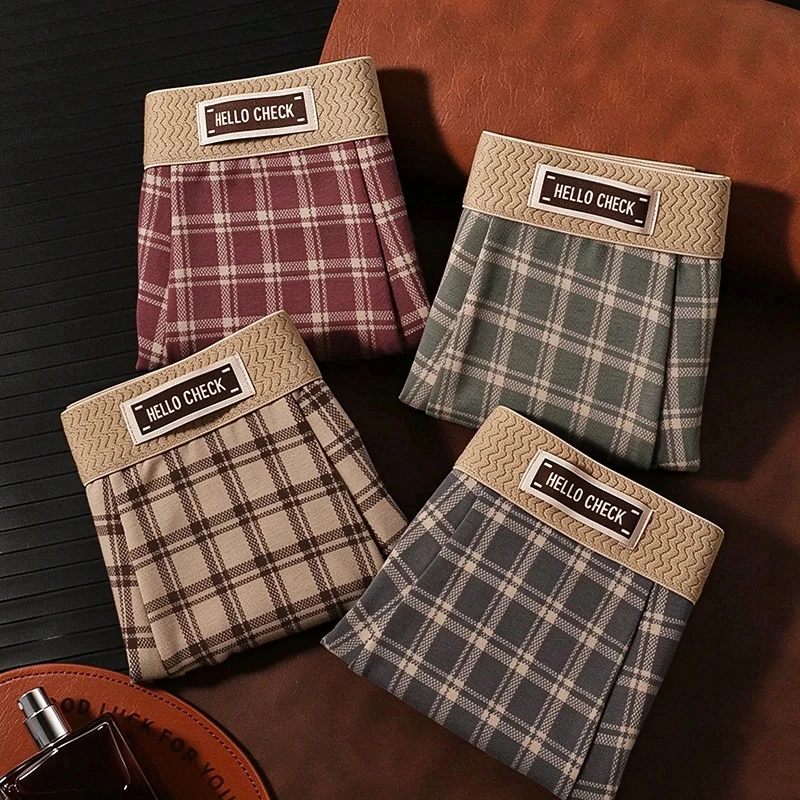 4PCS men's panty check pattern fashion breathable comfortable skin-friendly boxer shorts