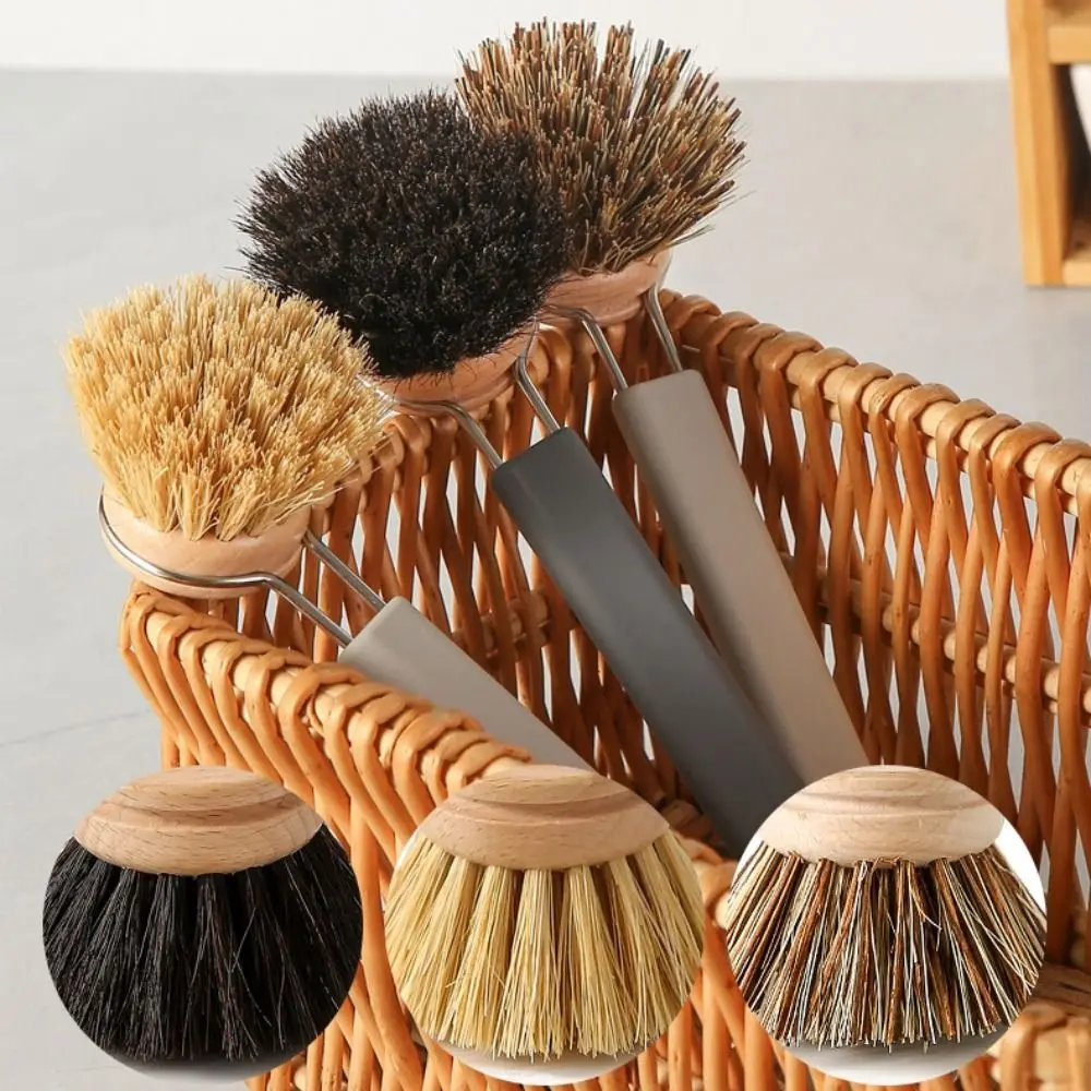 Durable Long Handle Dish Washing Brush Anti Slip Grip Replaceable Brush Head Sisal Bristles Brush Pot Brush Kitchen