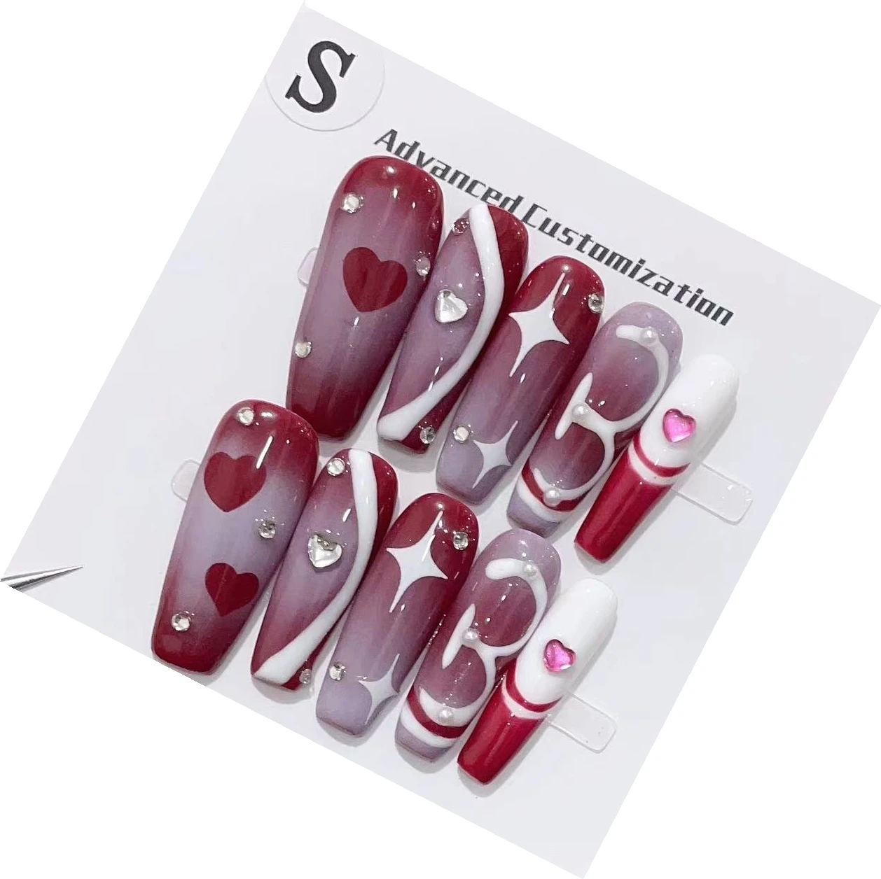 Handmade Press On Nails Wine Red Heart Detachable Reusable High Quality Valentine Theme.No.24855