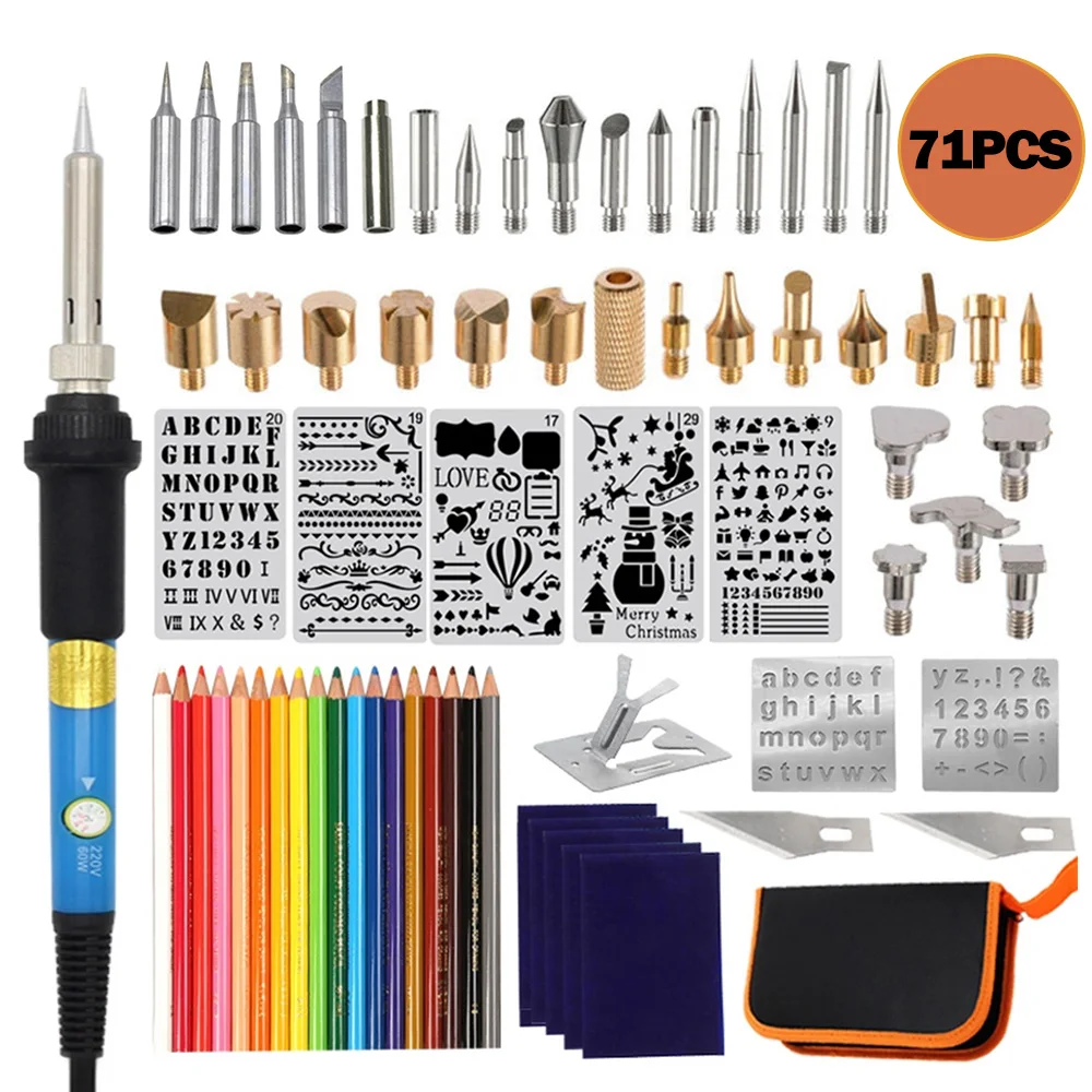 

71pcs Wood Burning Pen Kit Carving Pyrography 60W Adjustable Temperature Soldering Iron Welding Professional DIY Creative Tool