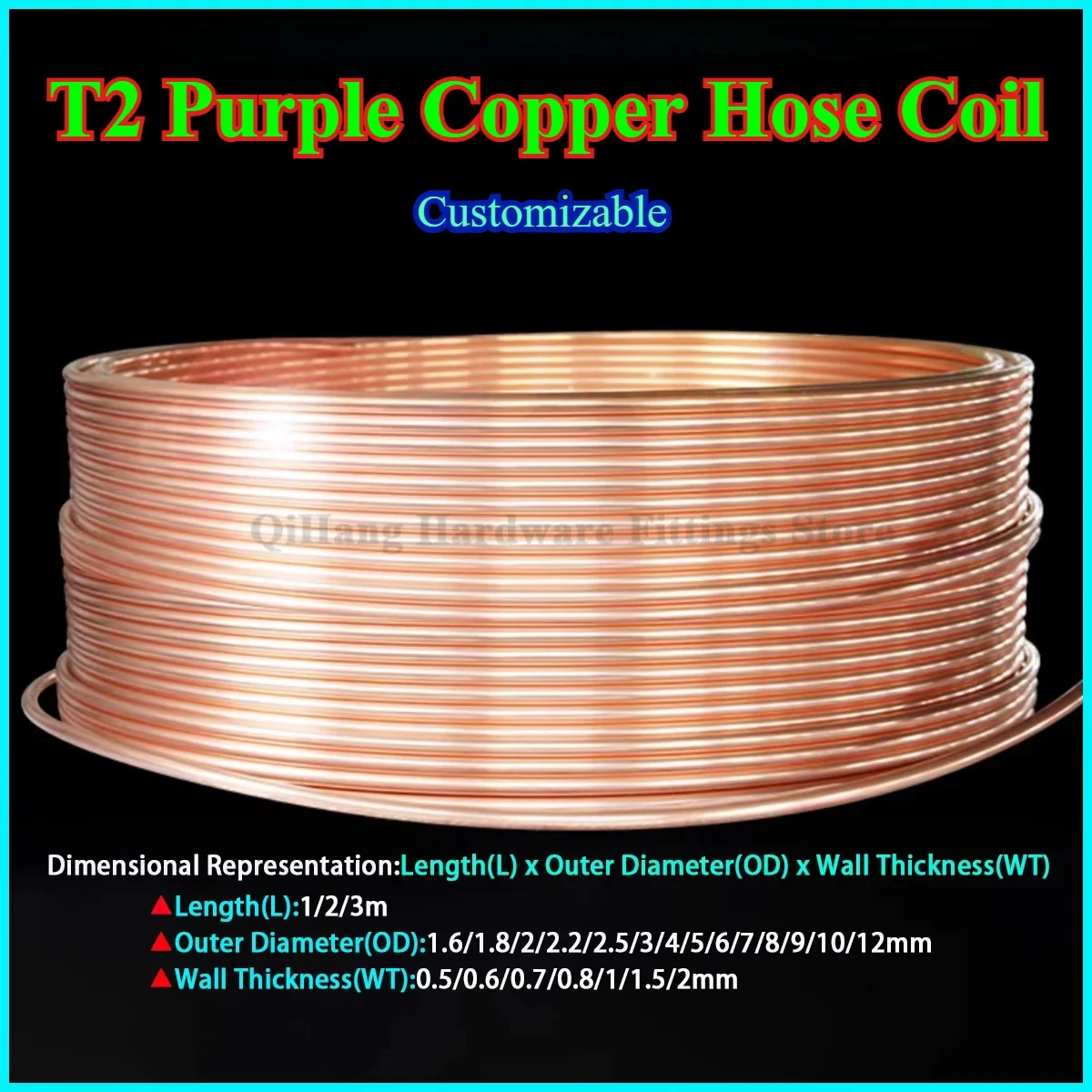 

T2 Purple Copper Hose Coil, 99.9% Pure Copper Wire Tube Air Conditioning Cooling Pipe, Outer Diameter 1.6mm1.8mm2mm2.5mm-10mm
