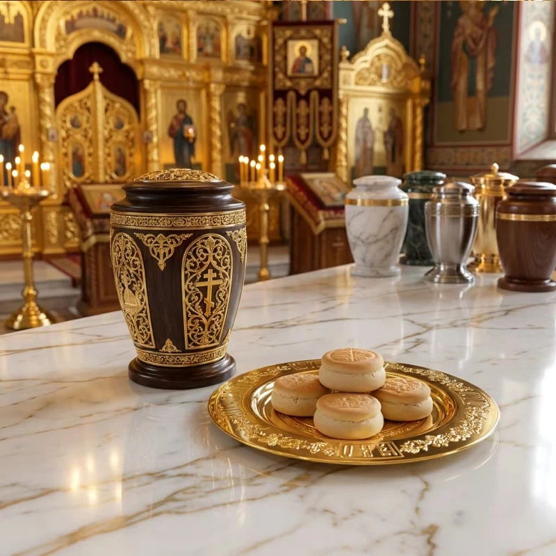 Orthodoxes Altar-Set mit Goldener Ikonenplatte, Liturgischem Brot und Verziertem Quadratischen Ornament in Geschenkbox - Byzantinische Religiöse Heimdekoration – Detail 2