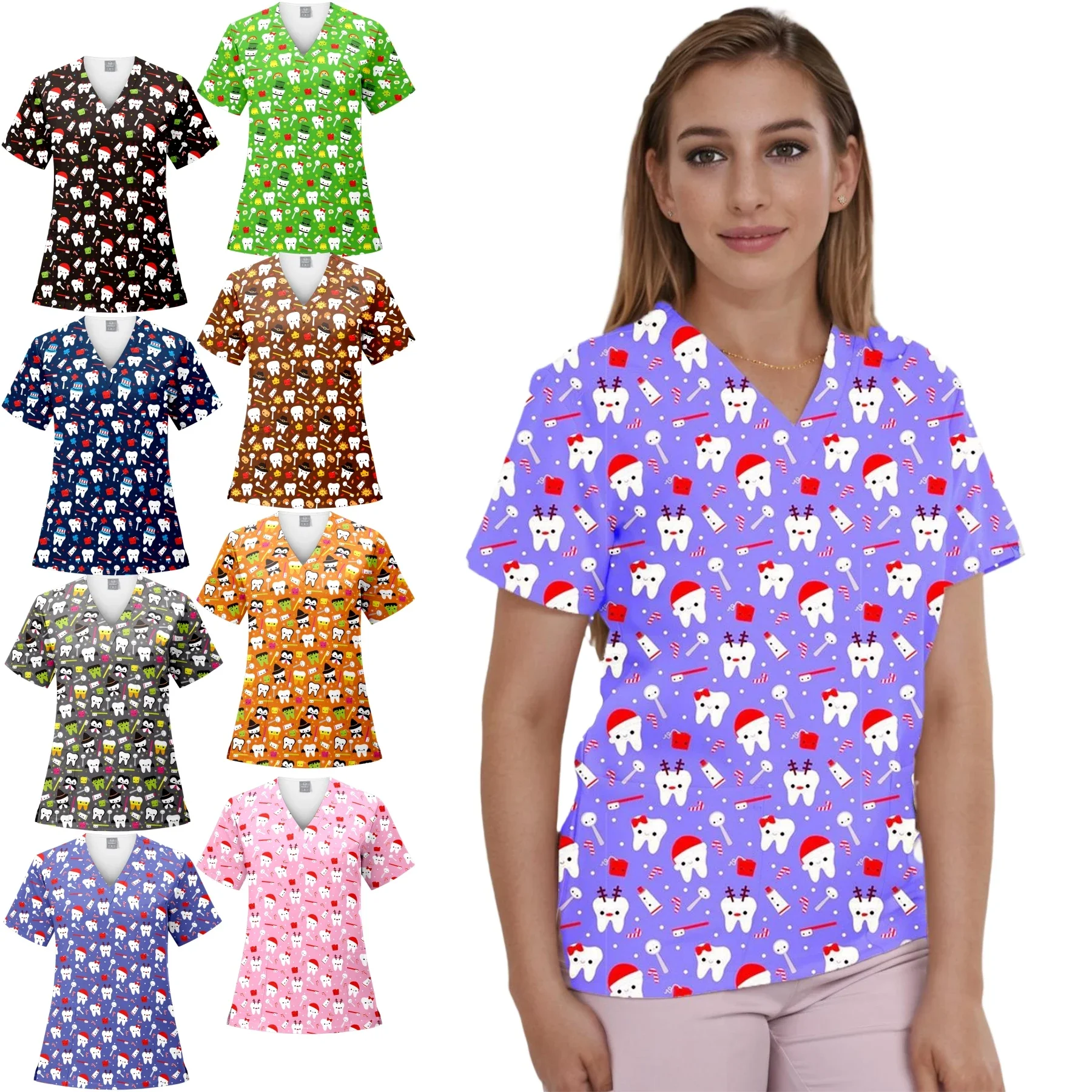 Short Sleeve Nursing Medical Sanitary Uniform Santa Scrubs Tops Christmas Clothes T-Shirt Nurse Blouse V-neck Surgical Uniforms