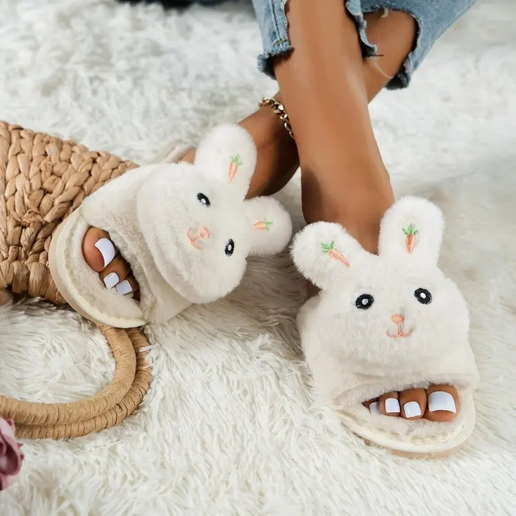 2024 Internet Celebrity Bunny Cute Cartoon Open-toed Cotton Slippers Women's Winter Warm Non-slip Home Thermal Cotton Shoes