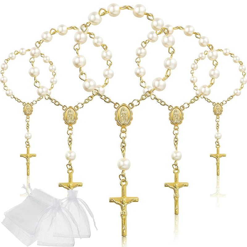 Baby Baptism Party Favors Guests Cross Finger Chain Organza Bags Christening Weddings Gifts Souvenirs Mini Finger Rosaries