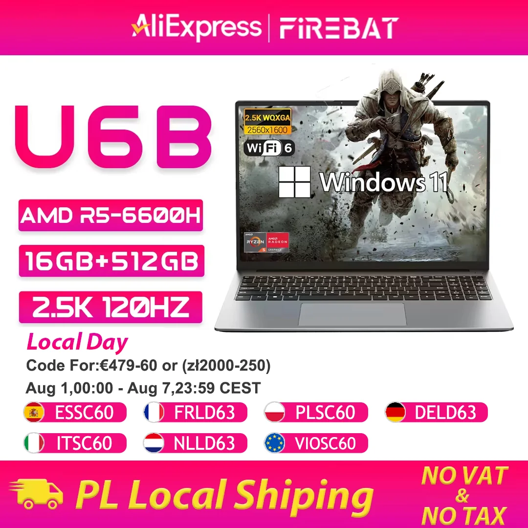 Portátil Firebat U6B AMD R5 6600H DDR5 16GB 512GB SSD 16 Pulgadas 2.5K 120hz IPS Windows 11 Notebook Tipo-C WIFI6 Teclado de tamaño completo