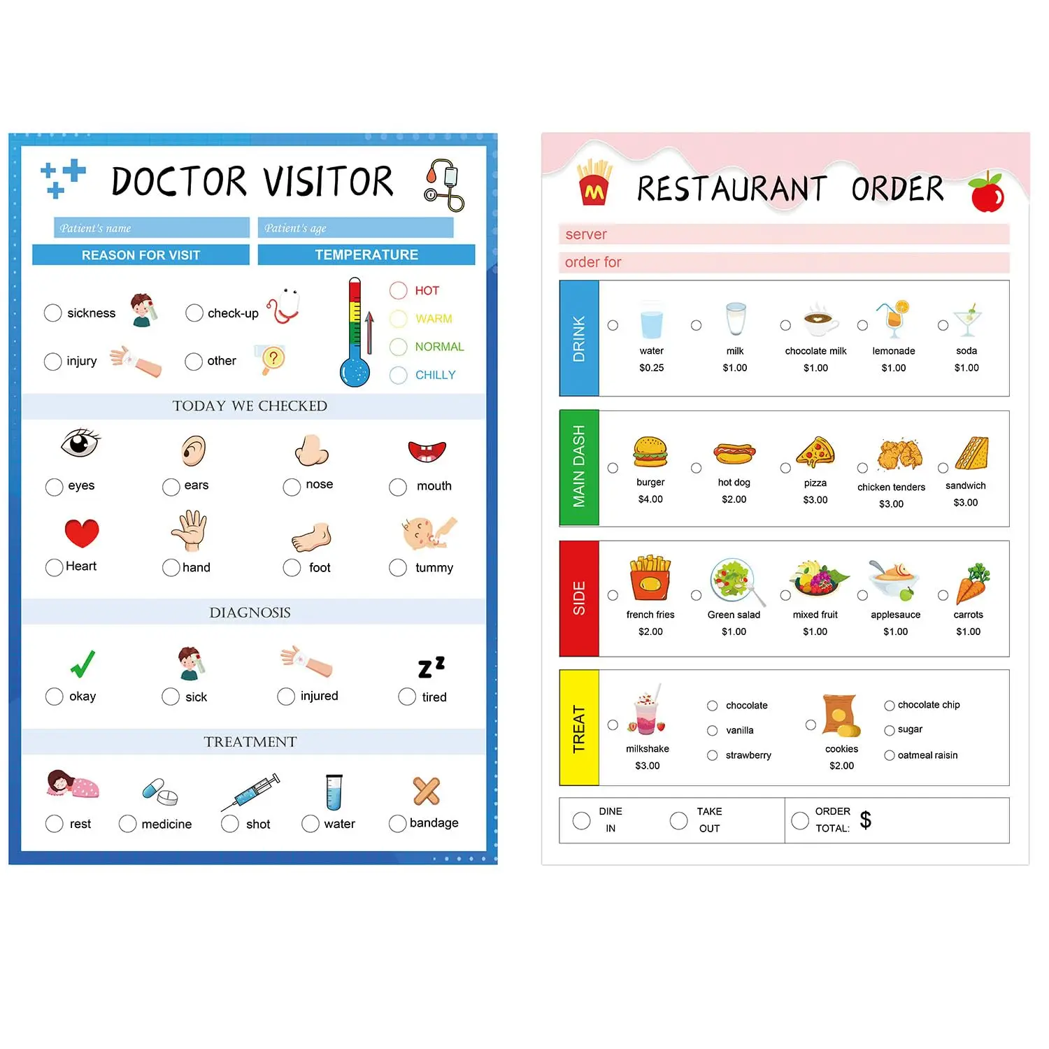 Paquete de 2 Libretas de Juego para Niños, Libretas de Juego de Imitación, Menú de Comida de Cocina, Libreta de Pedidos de Restaurante, Libreta de Consulta Médica