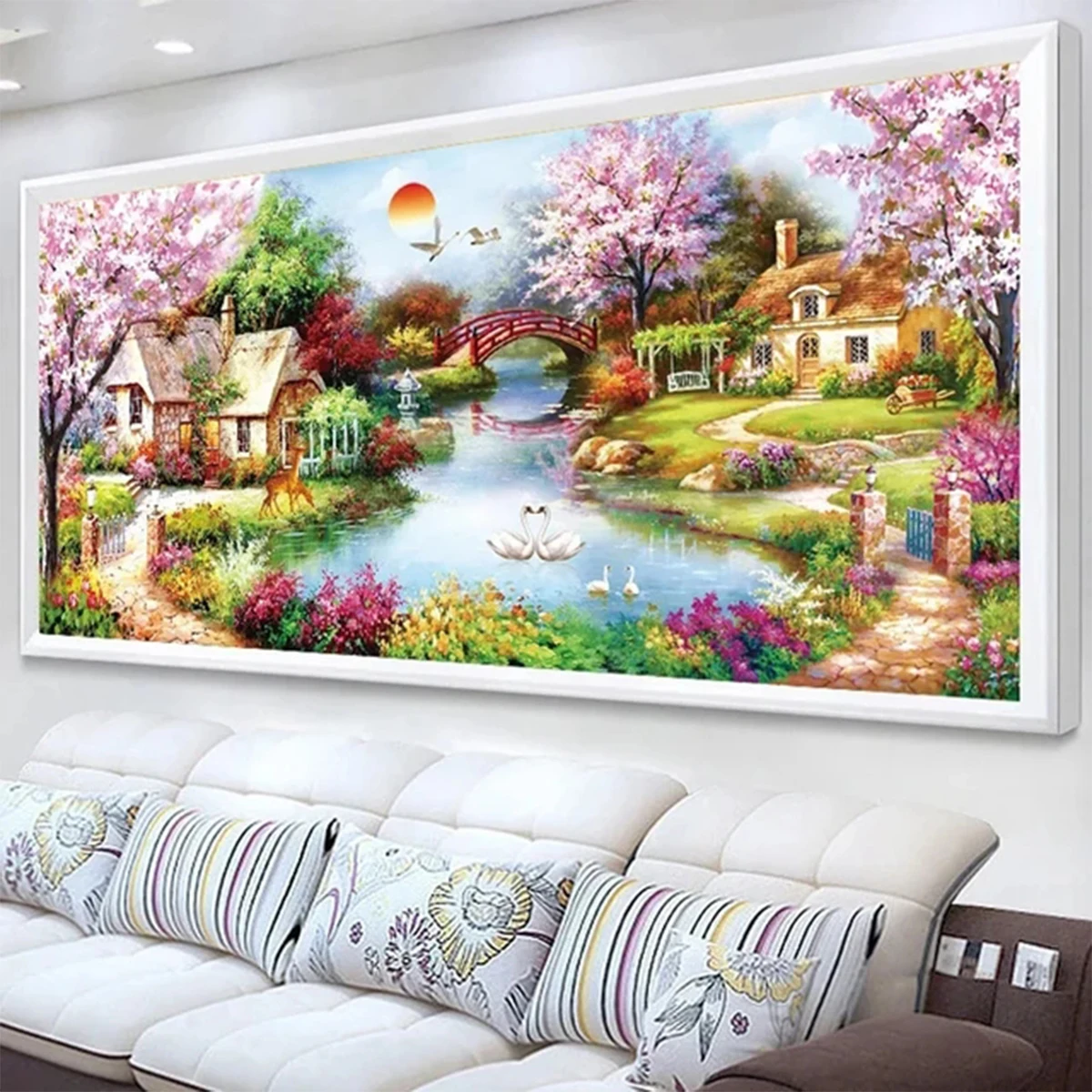 5D DIY Diamond Painting Pink Flowers Sakura Small Town Cross Stitch Kits Diamond Mosaic Large Size Landscape Embroidery Home Dec