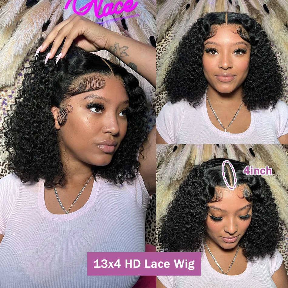 Perruque Bob Lace Frontal Wig naturelle Remy bouclée, cheveux courts, Deep Wave, densité 200, 13x4, pre-plucked, 13x6