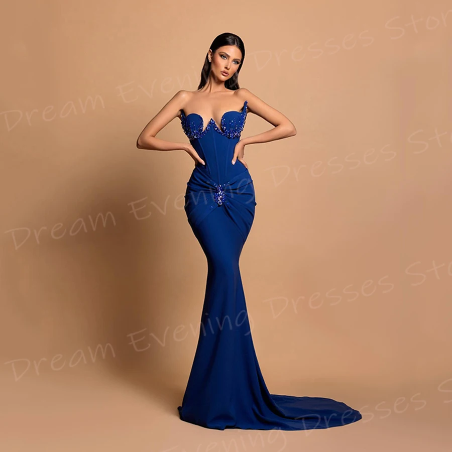 Mooie Zeemeermin Elegante Dames Avondjurken Moderne Strapless Mouwloze Prom Jurken Kralen Formele Party Vestido De Noche