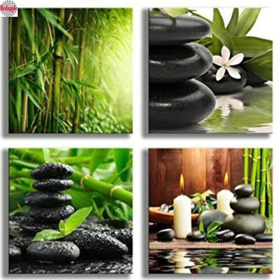 

diamond Painting new Bamboo Green Pictures with Zen Stone Candles Flower cross stitch 3D embroidery mosaic full rhinestone 4pcs