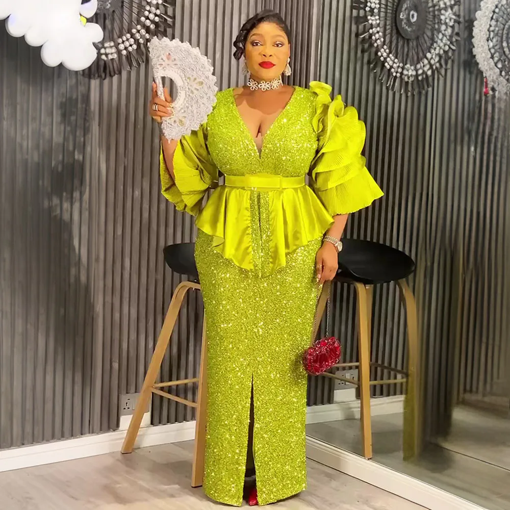 

African Party Dresses for Woman Elegant Turkey Muslim Wedding Evening Gown Plus Size Dashiki Sequin Sexy Bodycon Slit Long Dress