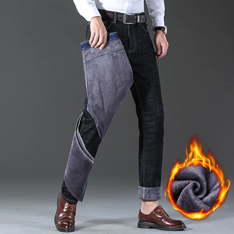 Jeans in pile classici dalla vestibilità regolare da uomo Pantaloni elasticizzati casual larghi alla moda da uomo Pantaloni caldi imbottiti in velluto di marca maschile