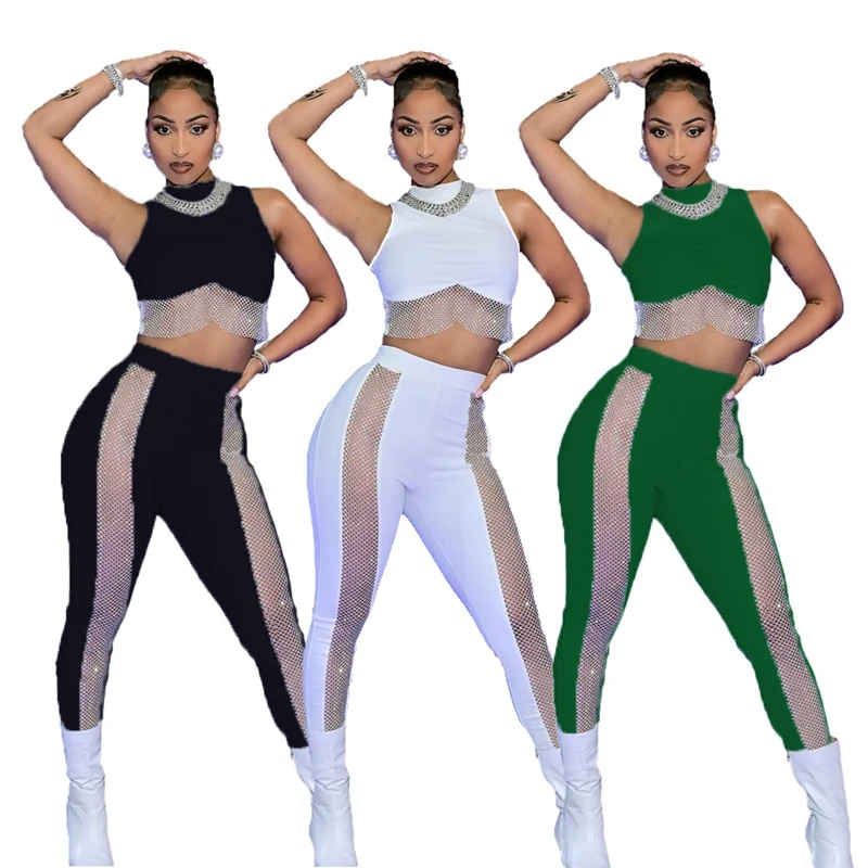 Sexy White Mesh Patchwork 2 Two Piece Sets Women Outfit Summer Tank Top and Leggings Set Slim Club Party Matching Sets Suit