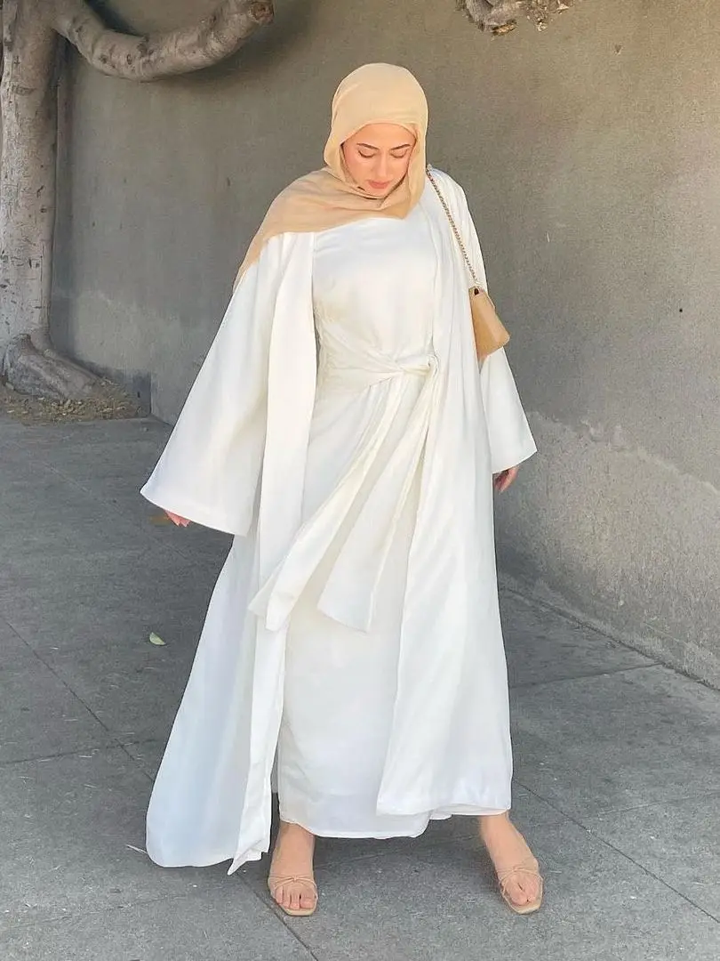 Conjunto de Djellaba sedoso muçulmano para mulheres, abaya longa elegante, moda modesta, conjuntos EID cetim, 2 unid, WY935, in fashion