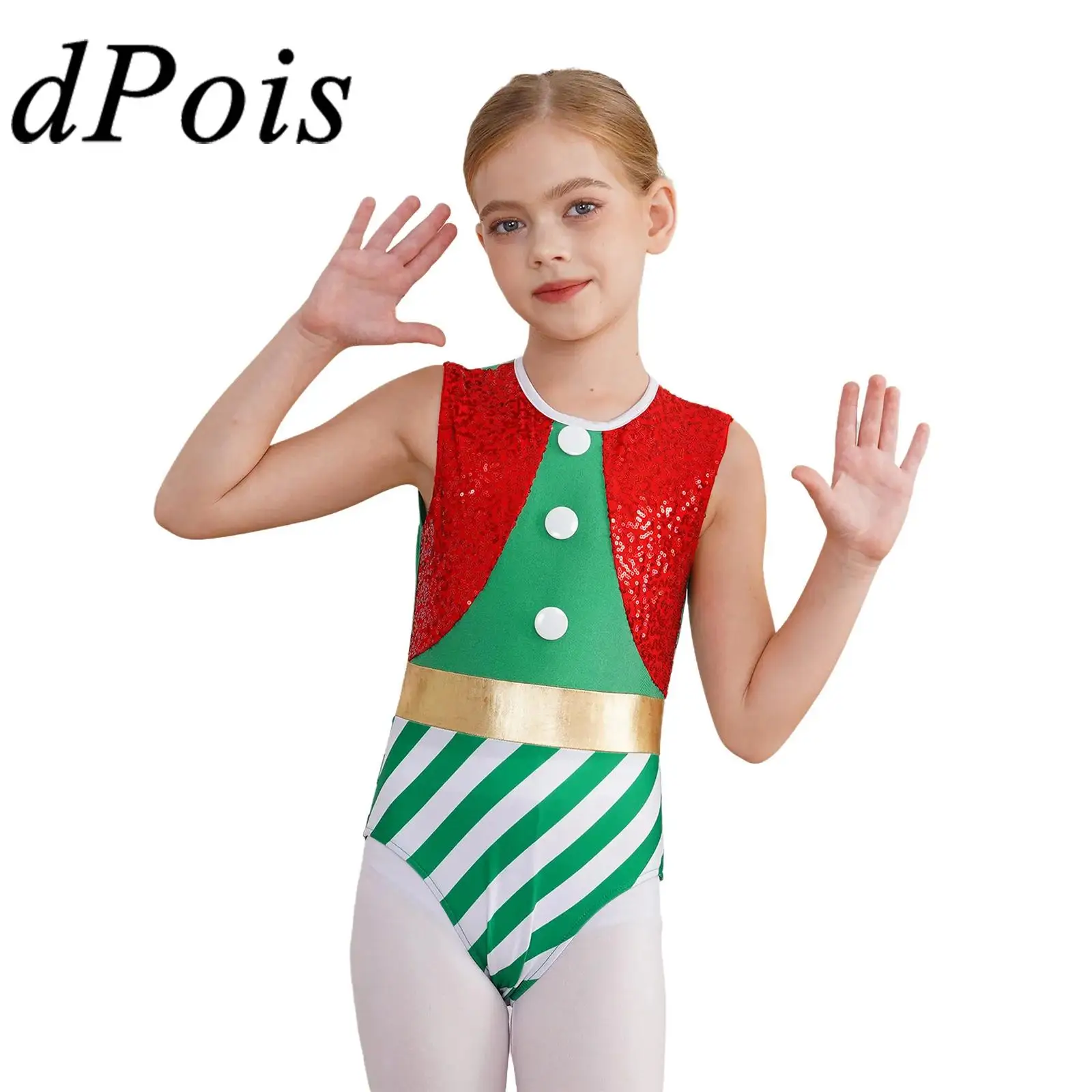 2025 Girls Santa Elf Christmas Dress Up New Year Costume Sleeveless Dance Leotard Jumpsuit Sequins Stripes Gymnastics Bodysuit