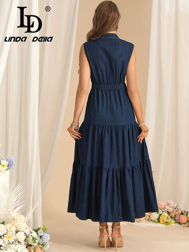 LD LINDA DELLA Autumn Women\'s Fashion Commuter Dress Turn-Down Collar Sleeveless Denim Single-Breasted Solid Color Dresses