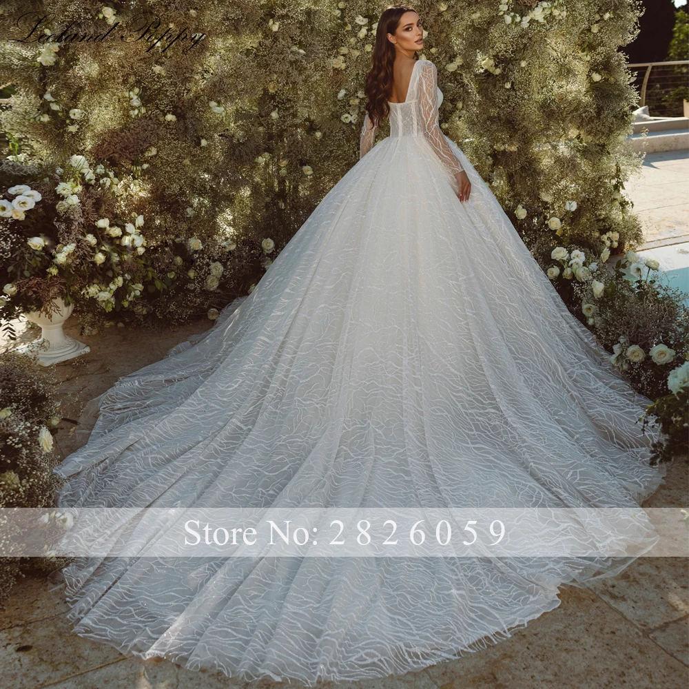Lceland Poppy Customized Square Neck Illusion Ball Gown Lace Wedding Dresses Full Sleeves Beaded Bridal Gowns with Chapel Train