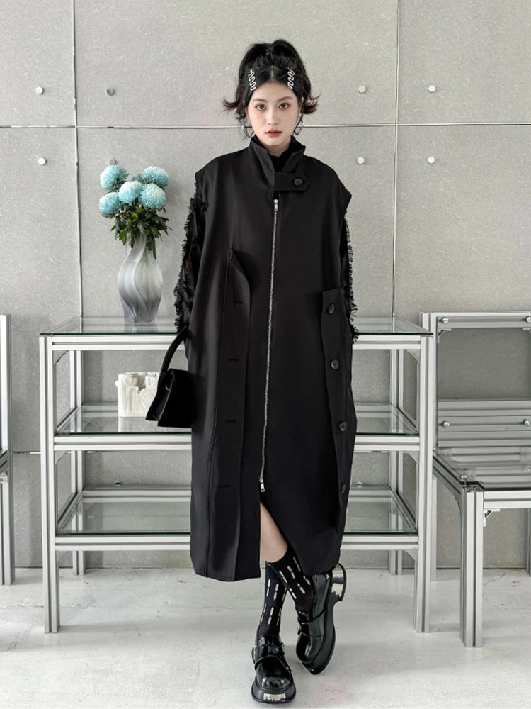 XITAO Black Long Sleeveless Trench Coat Stand Collar Irregular Single Breasted Women Casual Coat Spring All-match New DMJ3933