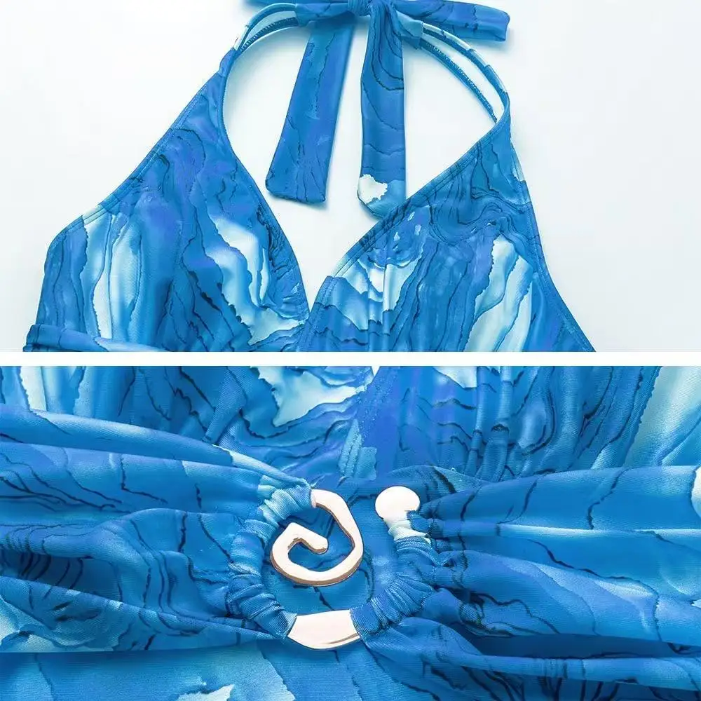 Women's Summer One Piece Swimsuit Sexy Deep V Lace Halter Neck Gauze Beach Style Dress for Ladies