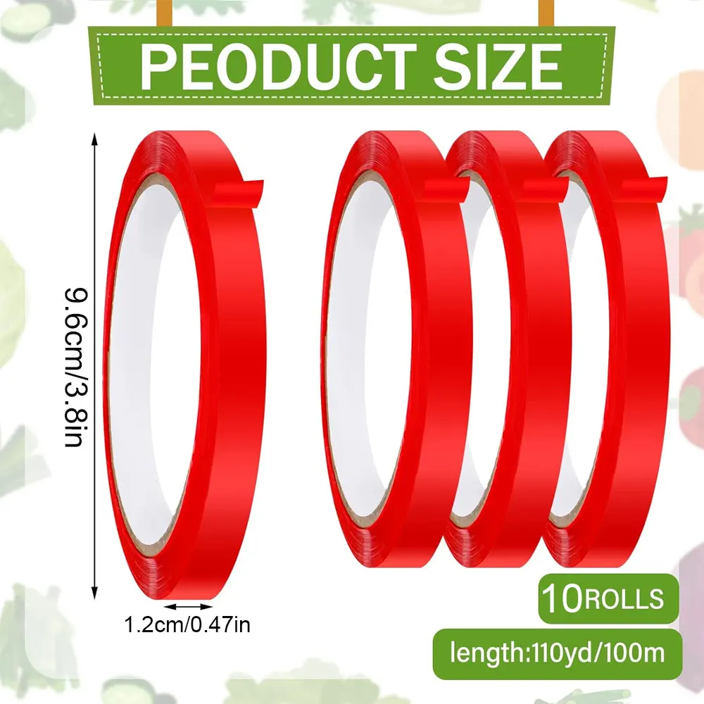 10 Rolls of Red Plastic Bag Sealing Tape for Sealing Bulk Foods Such as Vegetables and Fruits in Retail Stores and Supermarkets.