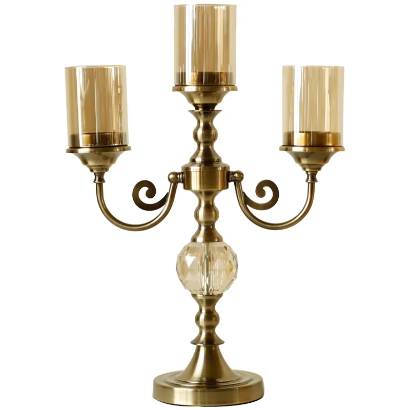 Metal glass three-headed candlestick European model room retro living room dining table porch decorative ornaments