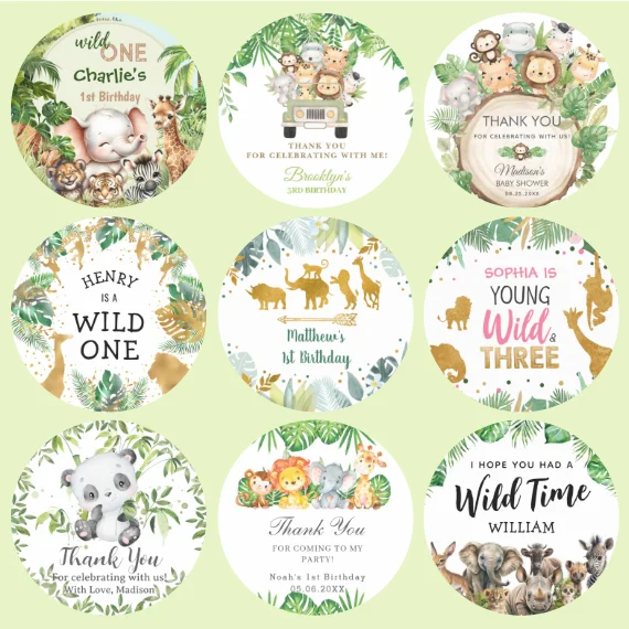 

Custom Jungle Wild Animal Sticker Safari Personalized Thank You Label Baby Shower Birthday Party Decoration Baptism Adhesive