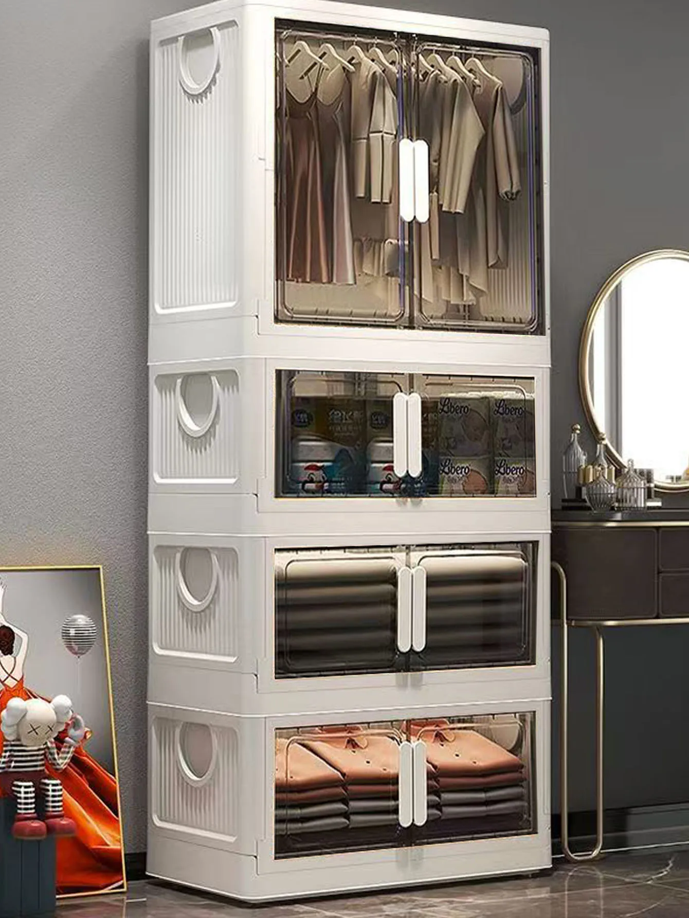 Modern Minimalist Extra Large Foldable Transparent Plastic Storage Cabinet Thickened Double Door Home Wardrobe Organization