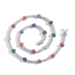 2.5mm Colorful Cubic Zirconia Flowers Tennis Chain Women Choker Necklace Brass Hip Hop Jewelry For Men Women Golden