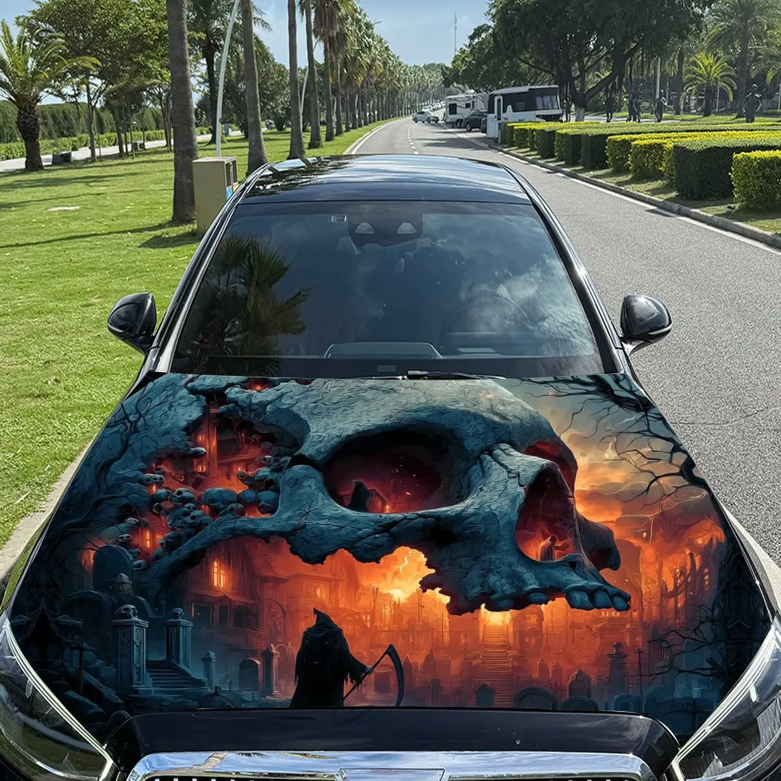 

Giant Skull Flame Cemetery Grim Reaper Car Vinyl Wrap, PVC Material Waterproof Car Hood Sticker, Self-Adhesive Scratch-Resistant