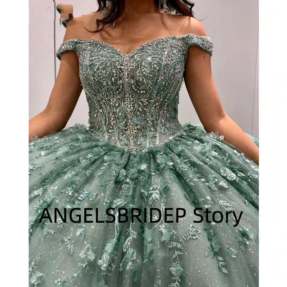 Angelsbridep ชุดเดรสสีเขียวมิ้นท์ชุดไปงานเต้นรำ3D ดอกไม้ appliques ลูกไม้รัดตัวหวาน15 vestidos de XV años ชุดทางการ