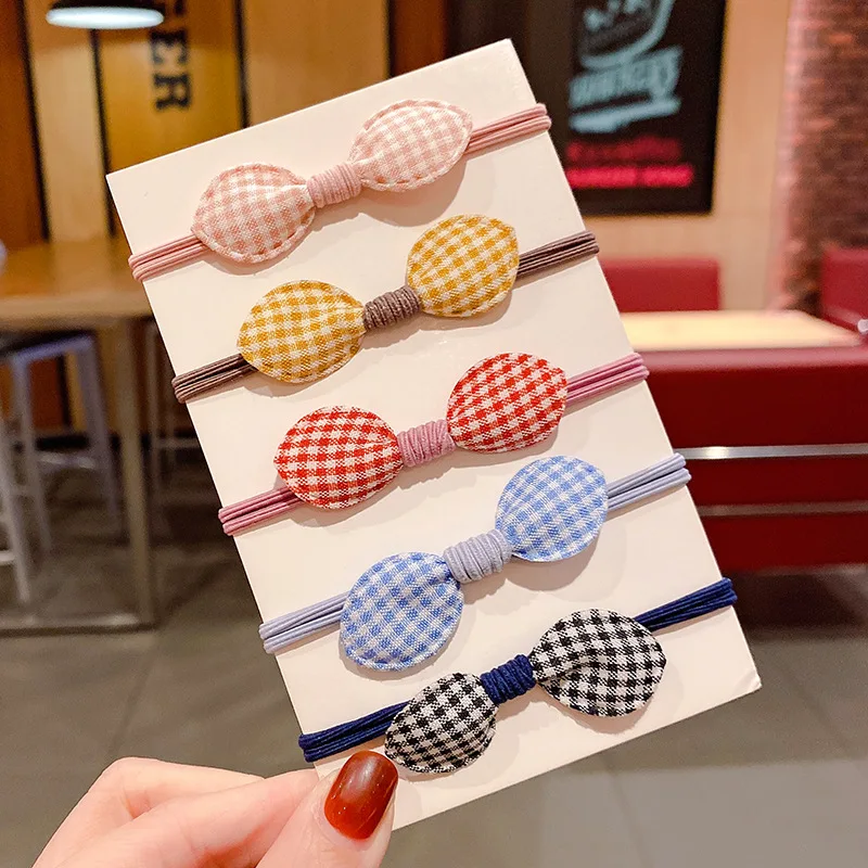 5pcs Korean Rabbit Ears Hair Rope Plaid Polka Dots Bow Elastic Hair Ring for Kids Headwear Headdress Girls Hair Accessories