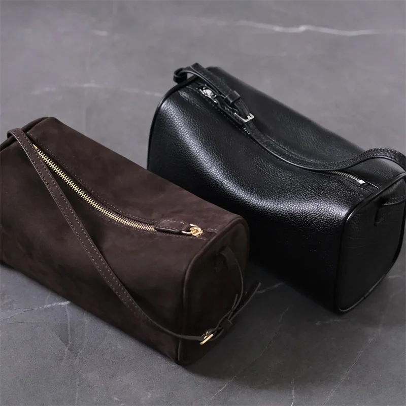 2024 New Pen Holder Bag Suede Retro Pencil Case Bag Calfskin Simple Handbag Underarm Genuine Leather Women's Bag