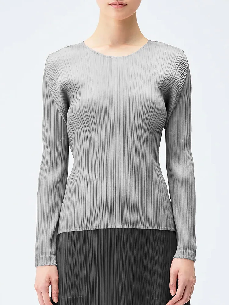 ISSEY Basic Classic Style Ruffled Round-neck Solid Color Slim-Fitting Long-Sleeved Shirt T-Shirt