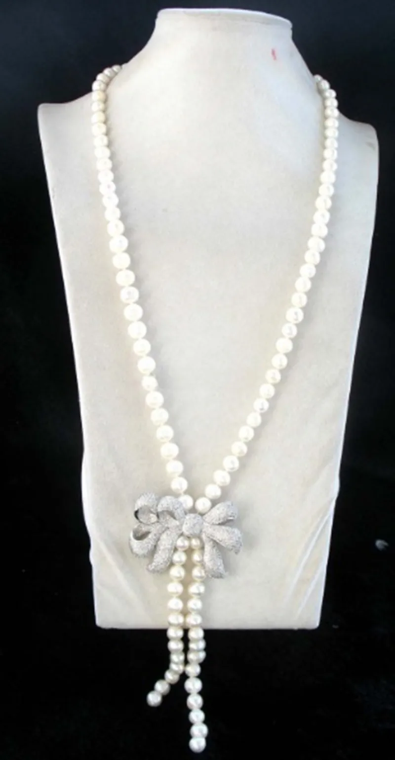 Hand knotted necklace 8-9mm white freshwater pearl necklace sweater chain micro inlaid zircon accessory 45inch