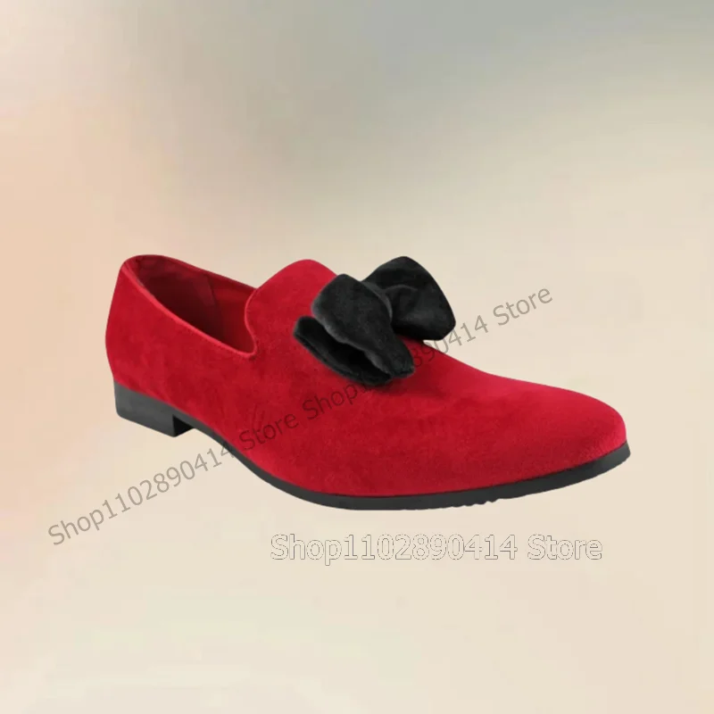 Black Bow Knot Decor Red Corduroy Men Loafers Fashion Slip On Men Shoes Luxurious Handmade Party Feast Banquet Men Casual Shoes