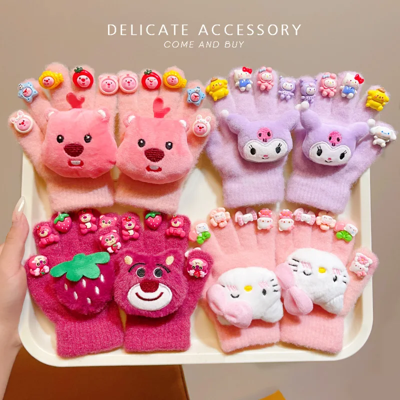 MINISO لطيف سانريو قفازات الأطفال الشتاء الفتيات كورومي خمسة أصابع مجموعة زائد الصوف الدافئة والباردة واقية إصبع مجموعة