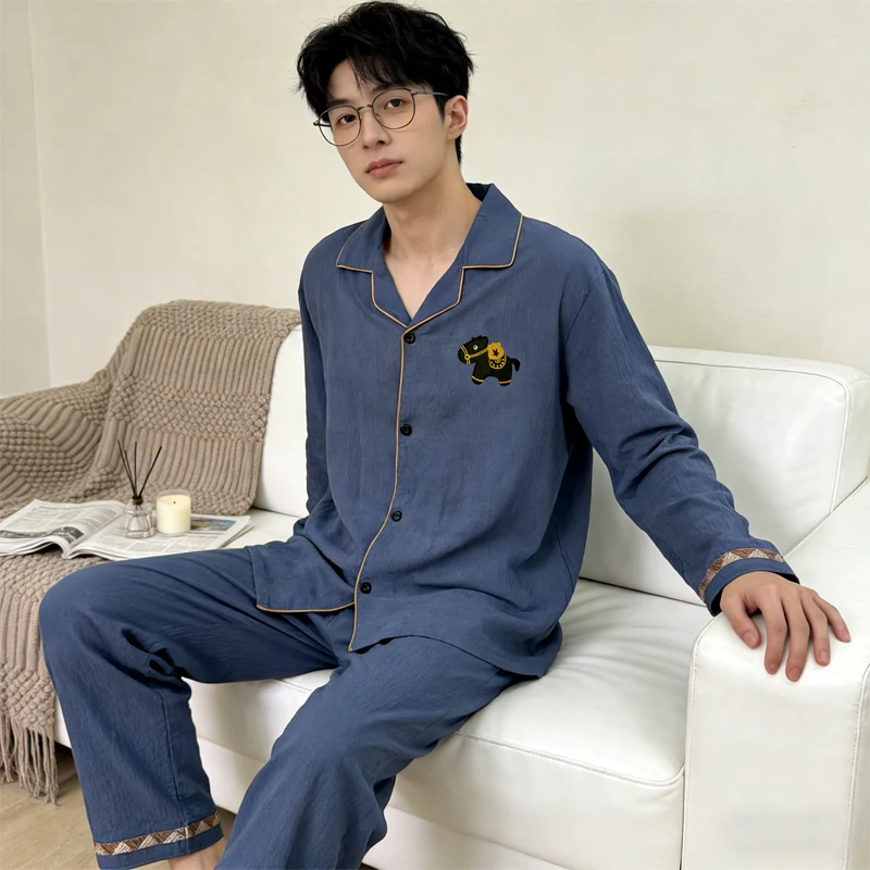 Men's Pony Embroidered Casual Loose Long Sleeved Pants Sleepwear Home Clothes Set Fall and Winter Solid Color Pajamas Homewear