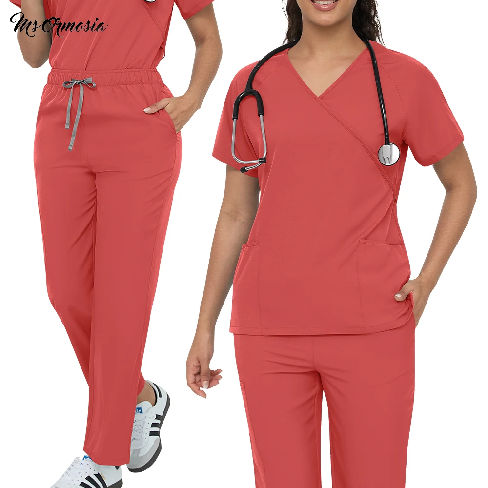 Stretch Beautician Uniform Spa Workwear Women Medical Doctor Scrub Set Hospital Clinical Nurse Stylish Blouse+Straight Leg Pants