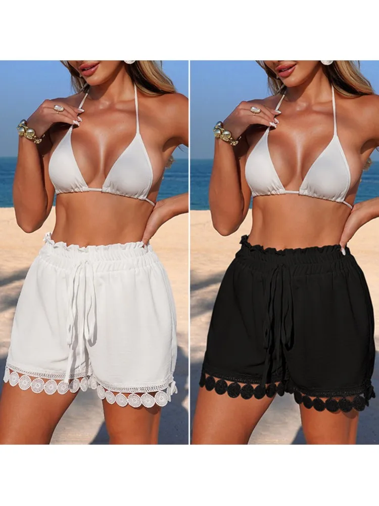 กางเกงขาสั้นคลุมชุดว่ายน้ำแบบเรียบสีพื้นสำหรับผู้หญิง ลายจีบชายหาด รุ่นซัมเมอร์ 2026