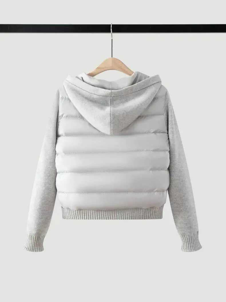 26 Autumn Winter New Arrival Cashmere Patchwork Hooded Down Jacket Coat