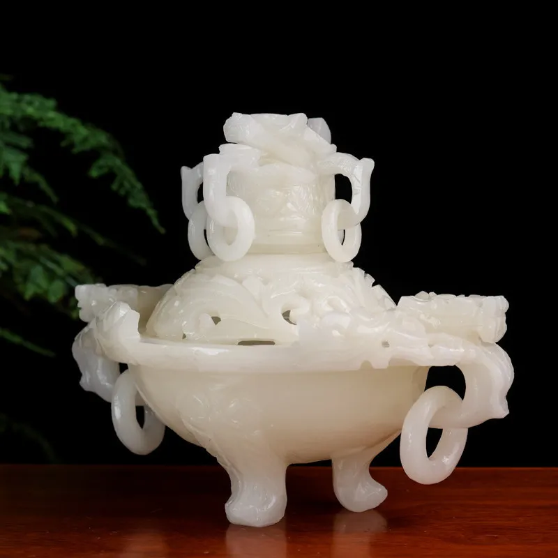 Natural Afghan white jade incense burner, jade incense burner for home use, hollowed-out antique-style incense burner for Buddhi