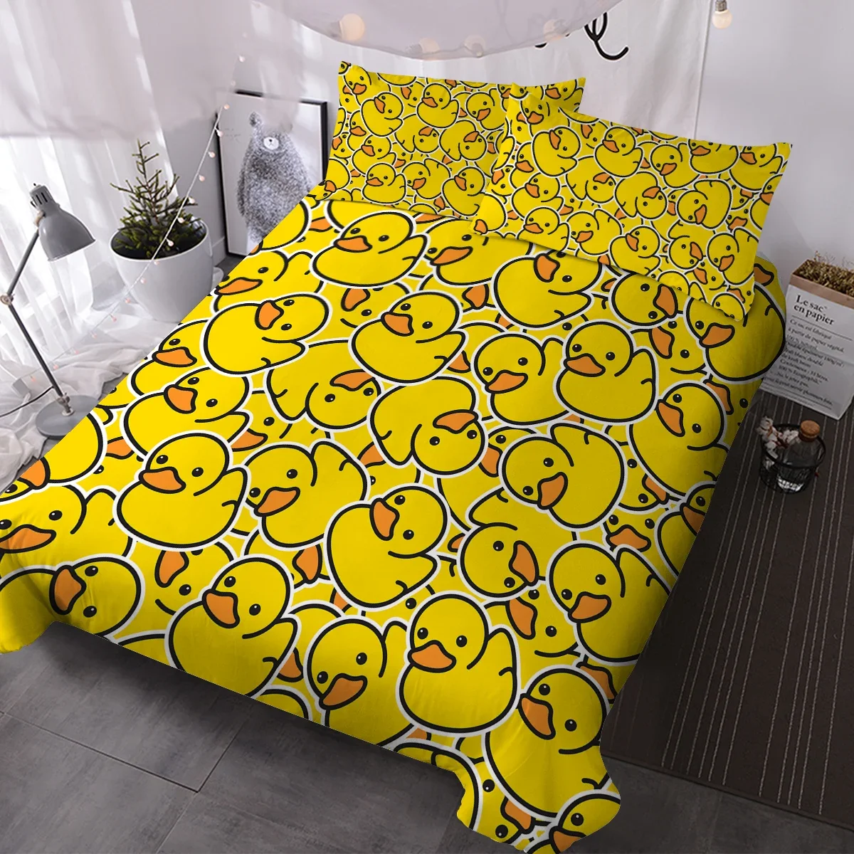 Family Bed Luxury Dense Little Yellow Duck Design Decorative 3 Pieces Duvet Cover with 2 Pillow Shams - Soft and Cozy Bedding Se