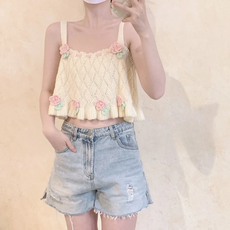 Short Sweater Vests Women Floral Sweet Lovely Embroidery Knitted Spring Summer Tops All-match Loose Female Chic Park Gentle Ins