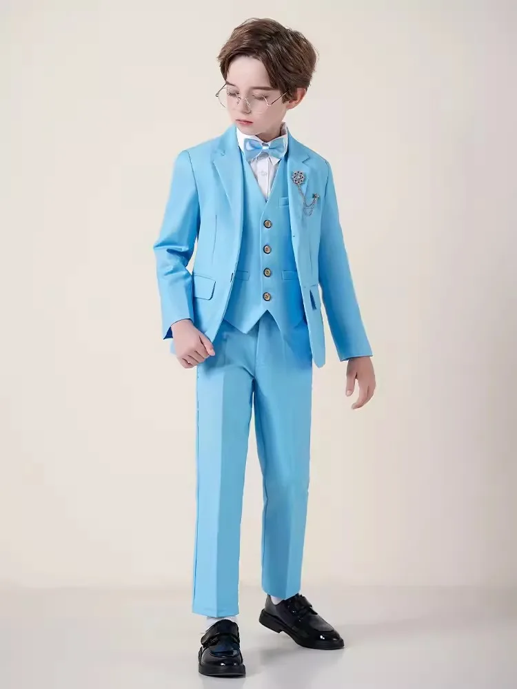 Children Sky Blue Photography Suit Boys Jacket Vest Pants Bowtie 4PS Ceremony Costume Prince Kids Birthday Wedding Tuxedo Dress