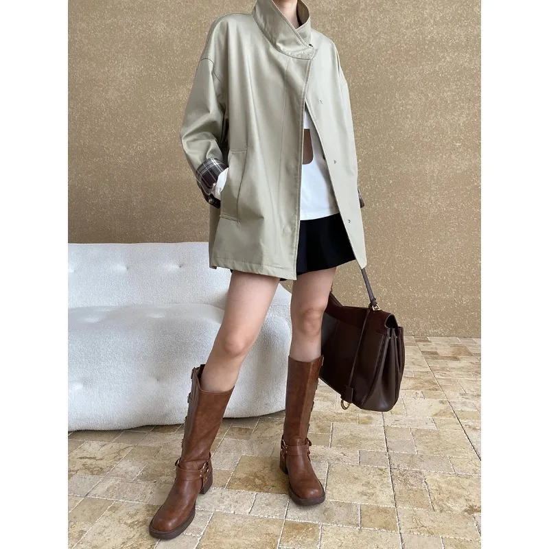 Trench Coats Women Plaid Jackets Spliced Pocket Color Blocked Stand Collar Long Sleeves Single Breasted Loose Fit 2025 Autumn