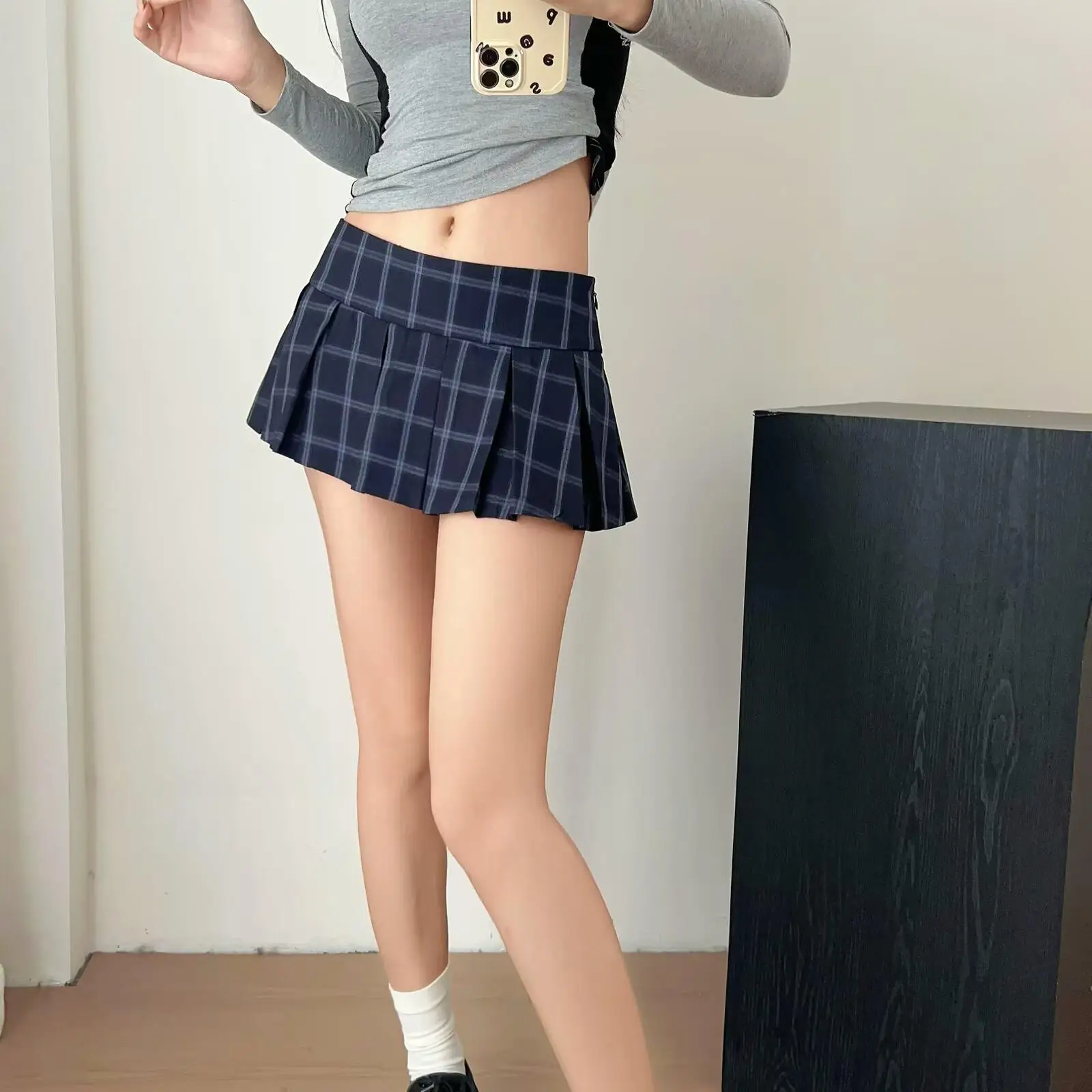 กระโปรงลายสก๊อตเอวต่ำทรงเอไลน์จีบสำหรับผู้หญิง สไตล์อเมริกัน คอลเลจ สไตล์เกาหลี ป้องกันการมองทะลุ